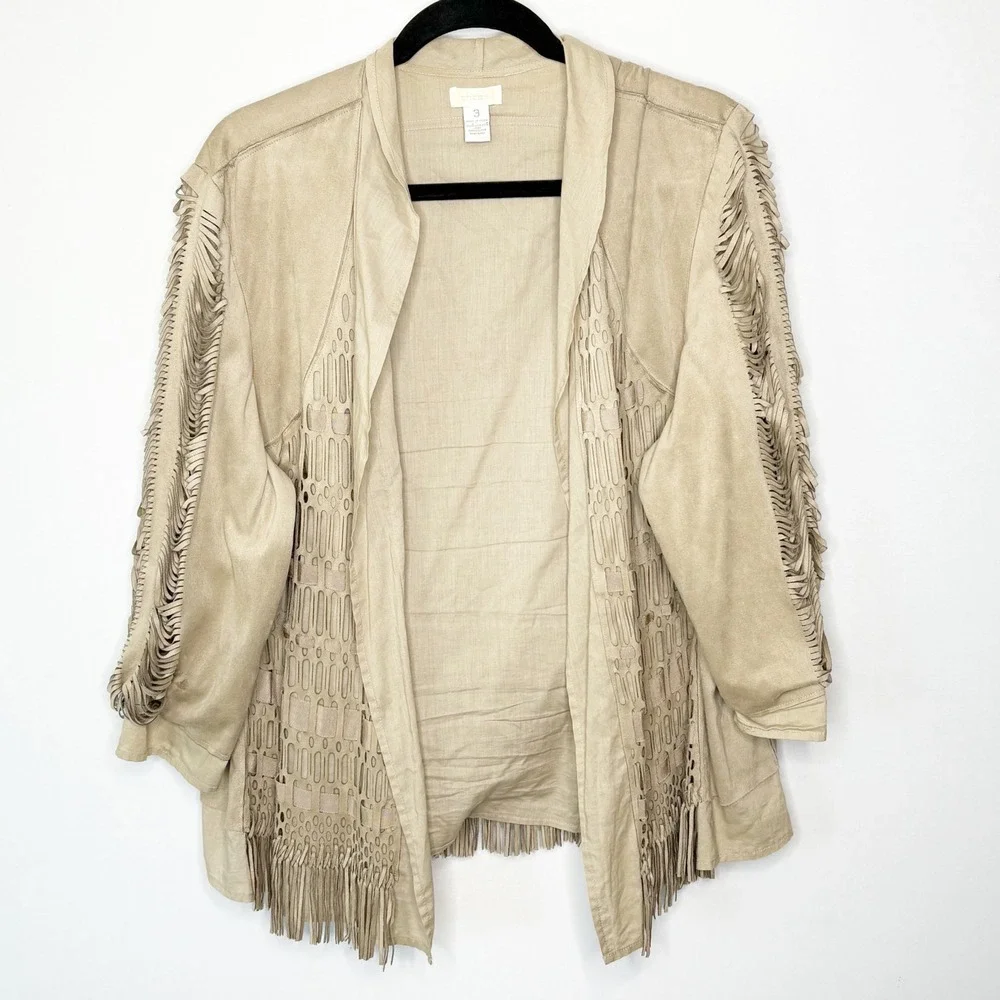 Chico's Tan Faux Suede Fringe Laser Cut Open Front Jacket Cardigan Size 3 XL